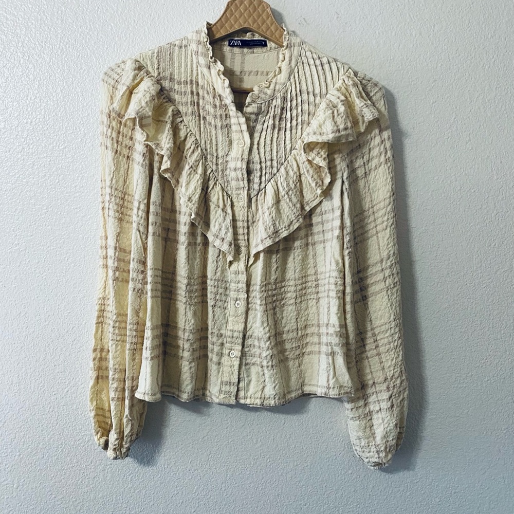 Zara Cream Plaid Ruffle Button-Front Blouse